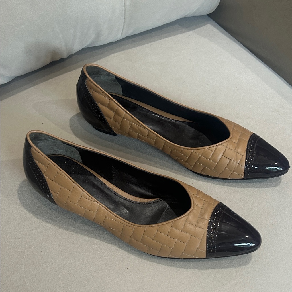Bally Quilted Tan And Black Flats